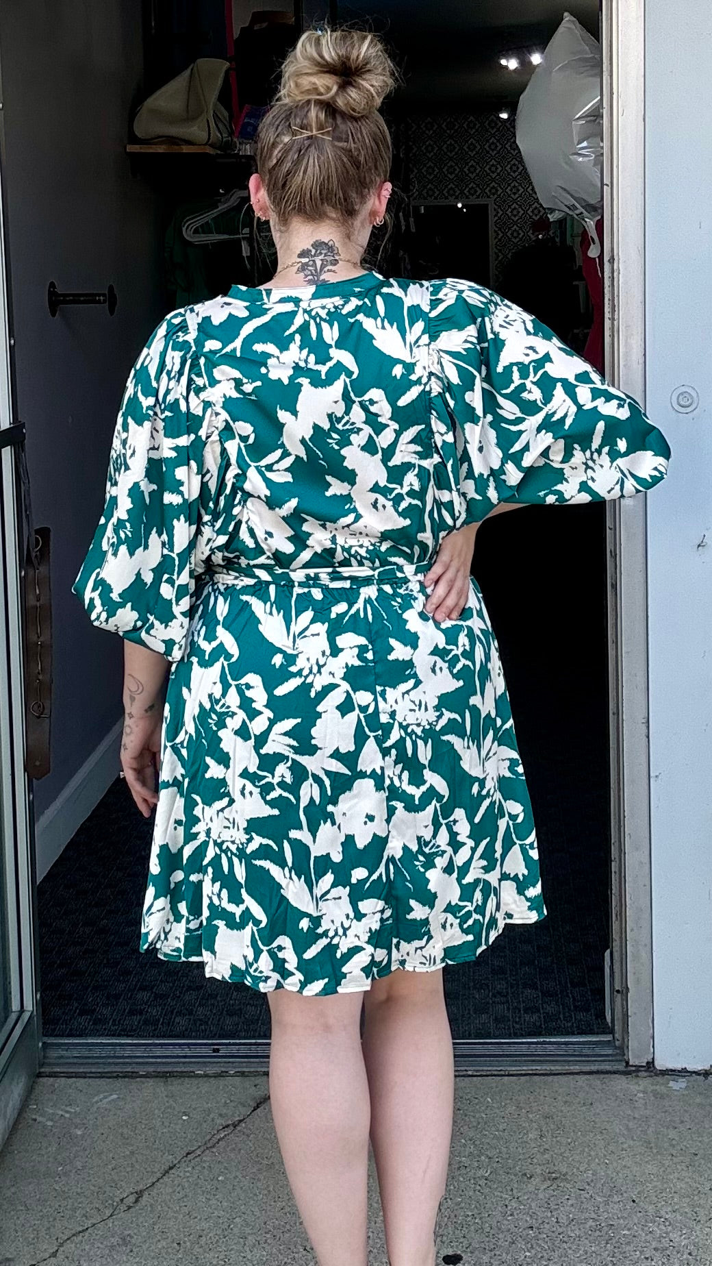 Stunning Teal Green Satin Floral Print Dress