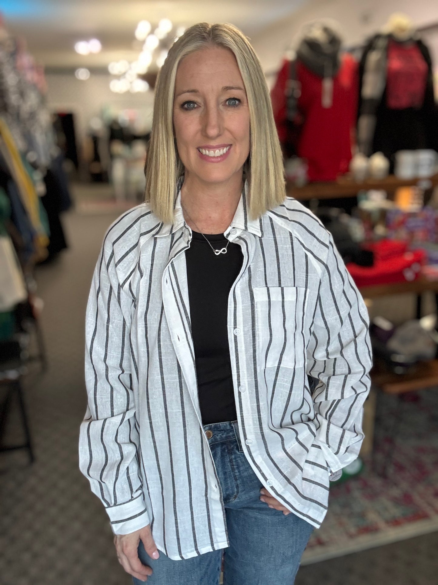 Stripe Chest Pocket Buttoned Oversized Shirt