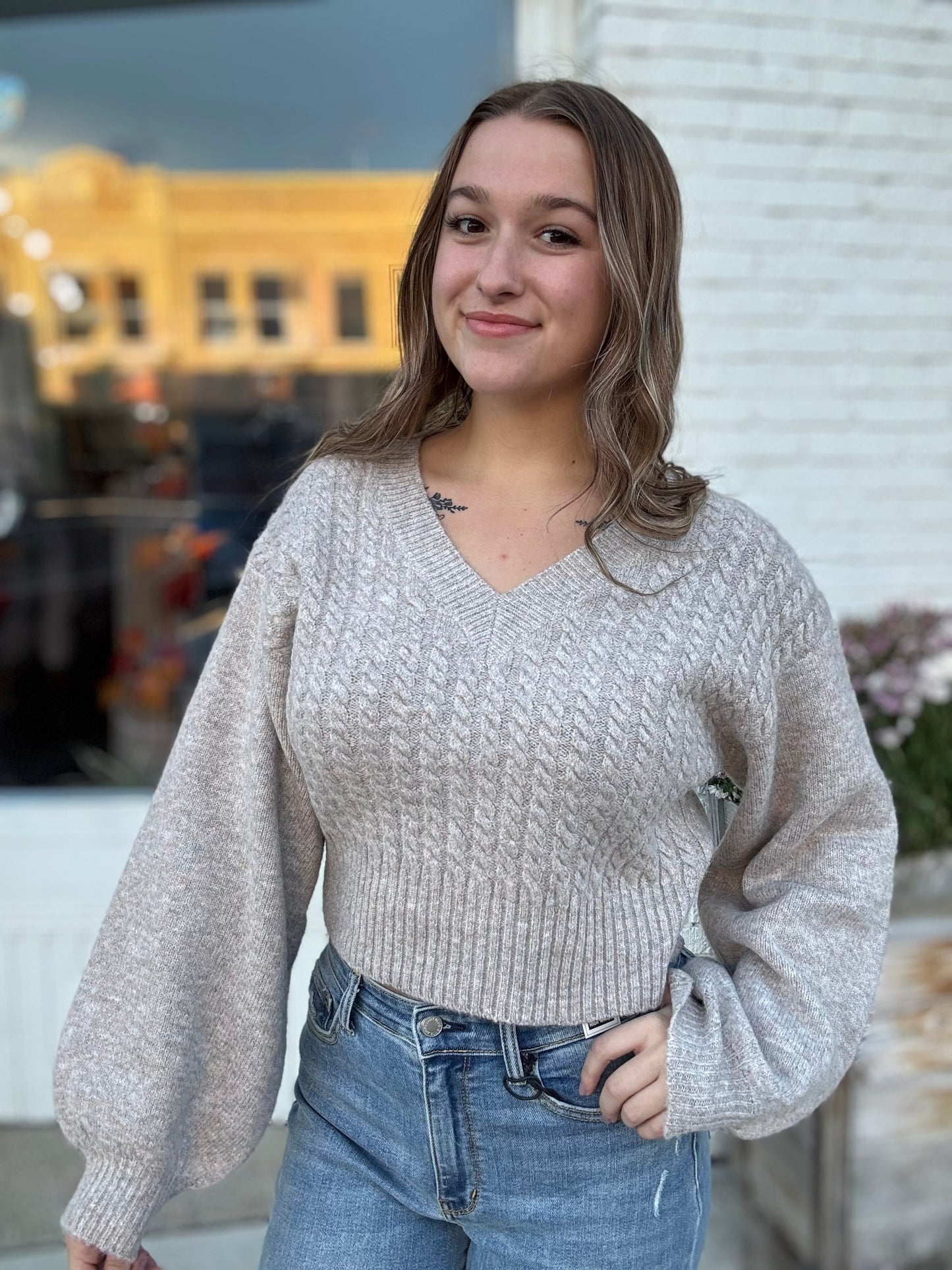 Cropped V-Neck Cable Knit Sweater