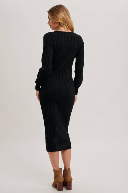 V-Neck Ribbed Sweater Midi Dress