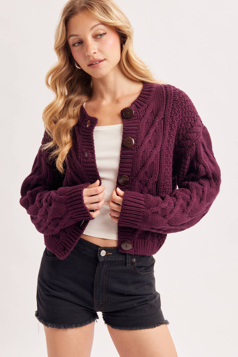Cropped Button Cable Knit Sweater Cardigan