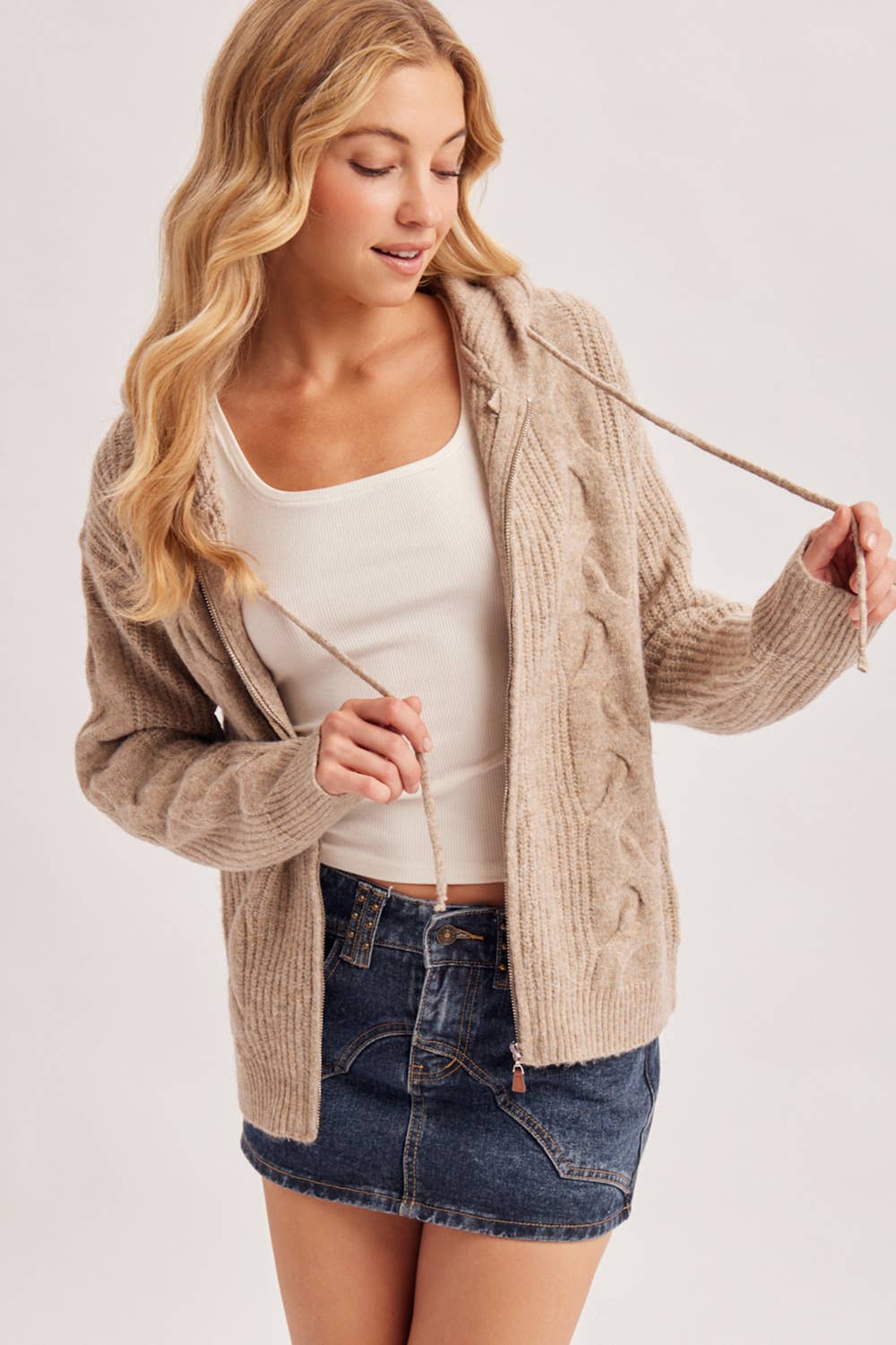 Zip -Up Cable Knit Sweater Cardigan W/Hood
