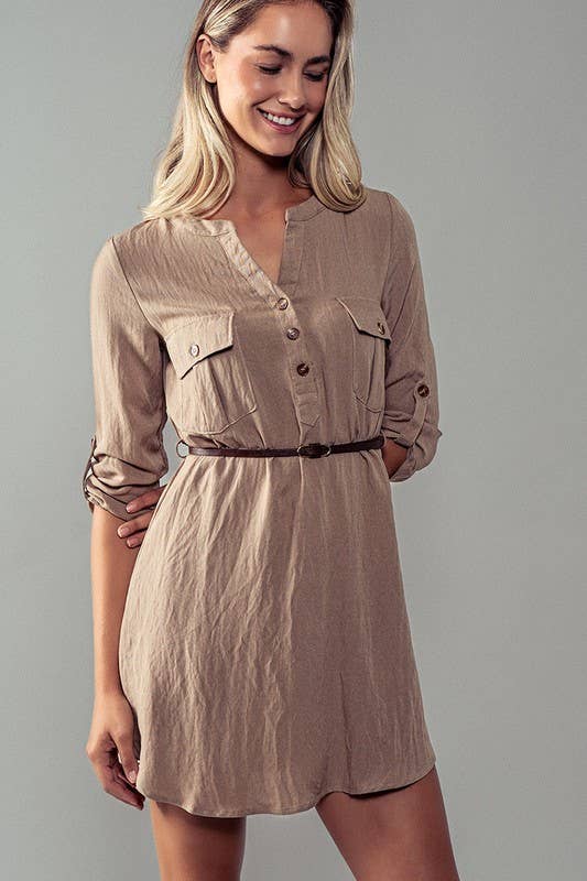 Utility Pocket Belted Henley Mini Dress