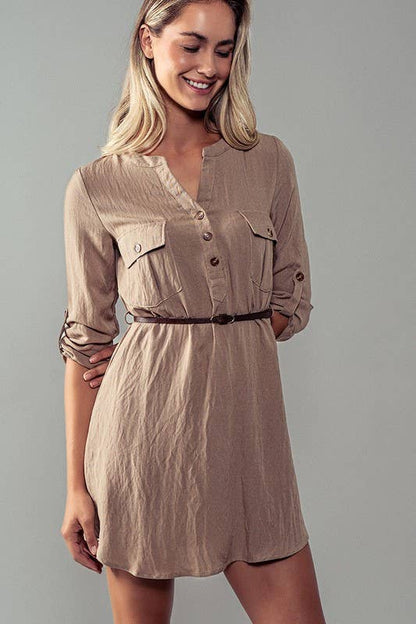 Utility Pocket Belted Henley Mini Dress