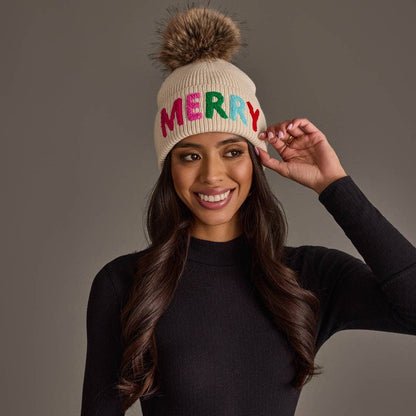 Beige Merry Knit Pom Hat