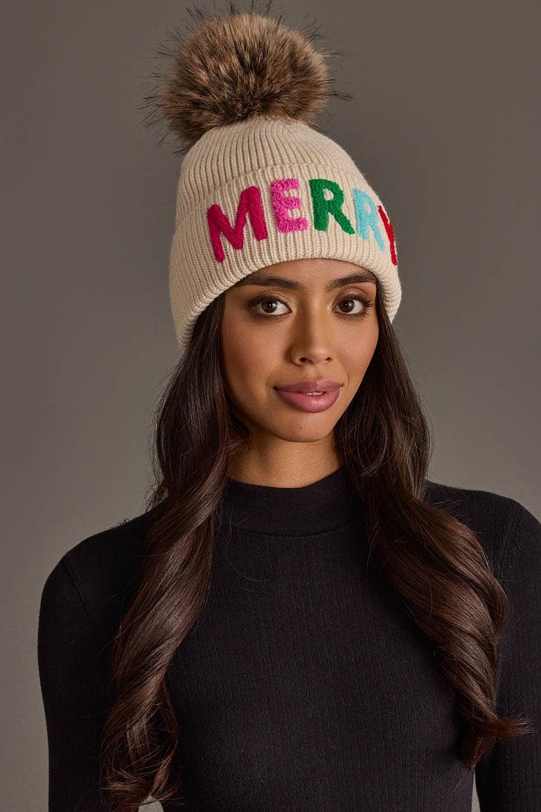 Beige Merry Knit Pom Hat