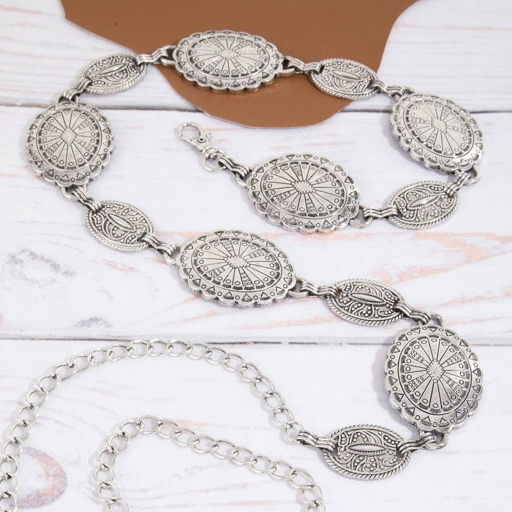 Ornate Oval Western Concho Disc Chain Belt
