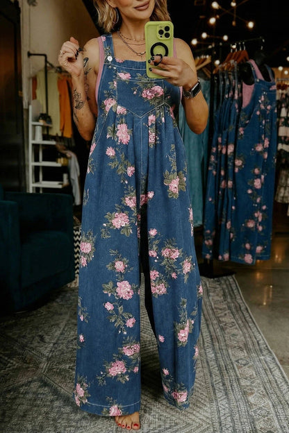 Floral Print Wide Leg Denim Jumpsuit