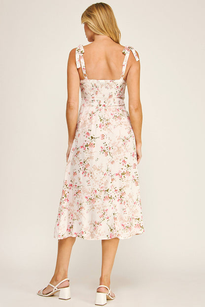 Romantic Floral Tie Midi Dress