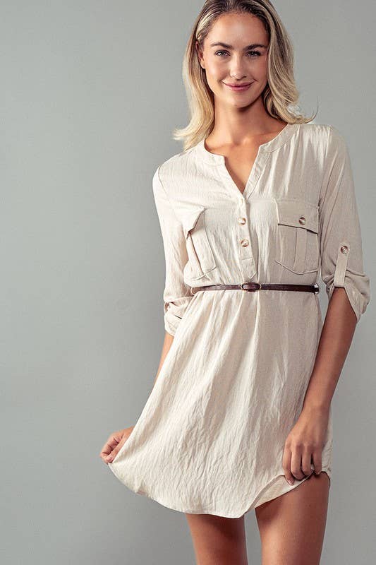Utility Pocket Belted Henley Mini Dress