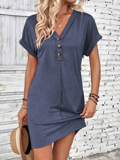 Buckle V-neck Raglan Roll Sleeves Dress