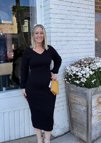 V-Neck Ribbed Sweater Midi Dress