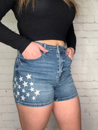 Judy Blue Slim Star Splatter Shorts