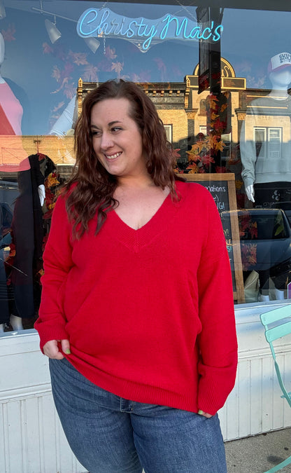 Reg/Plus Red V-Neck Knit Sweater