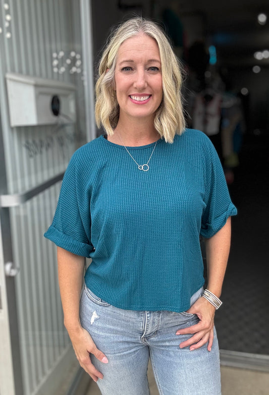 Teal Green Knit Top W/Open Tie Back