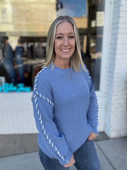 Blue Knit Sweater W/White Seam