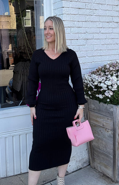 V-Neck Ribbed Sweater Midi Dress