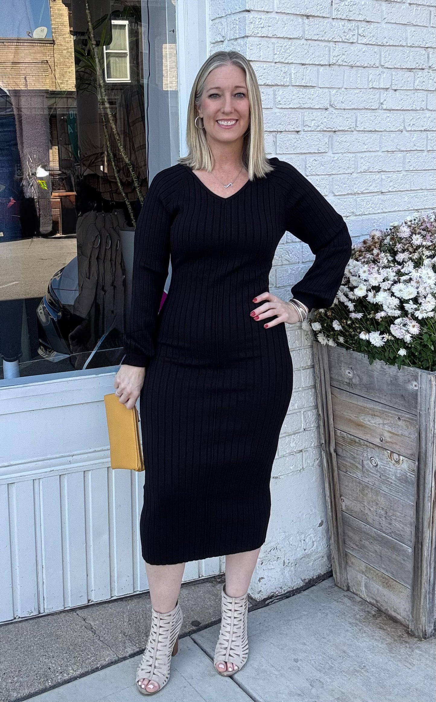 V-Neck Ribbed Sweater Midi Dress