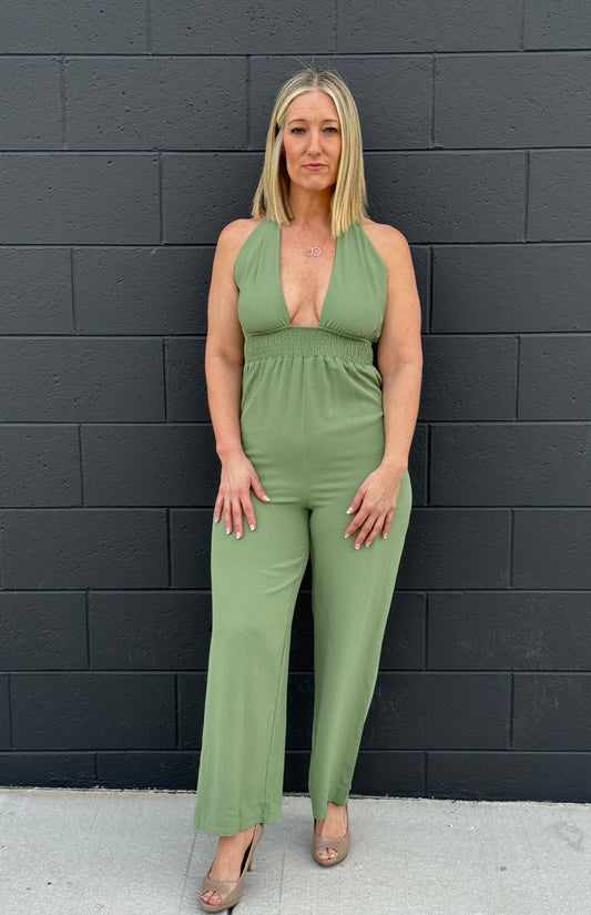 Sexy Green Halter Open Back Jumpsuit