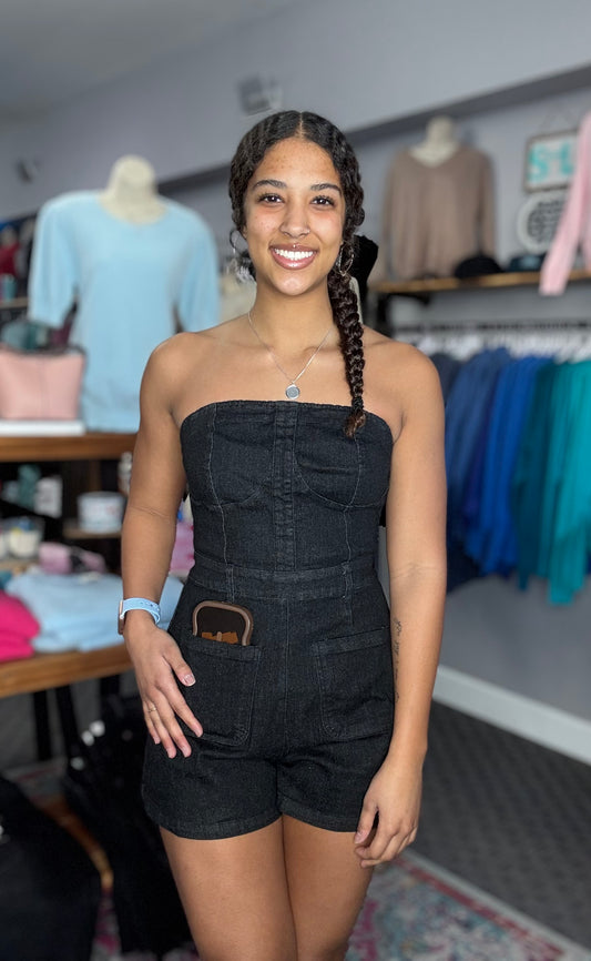 Tube Washed Black Denim Romper