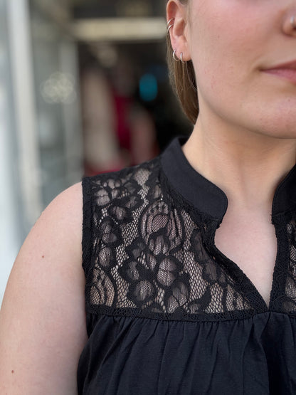 Sleeveless Black Dress with Lace Yoke and Stand Collar