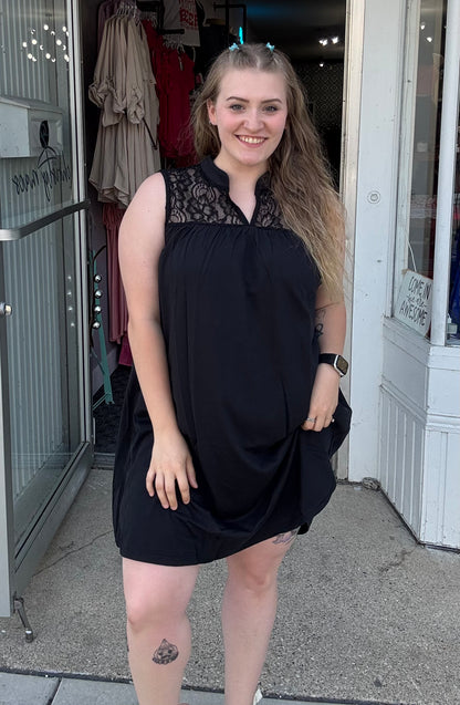 Sleeveless Black Dress with Lace Yoke and Stand Collar