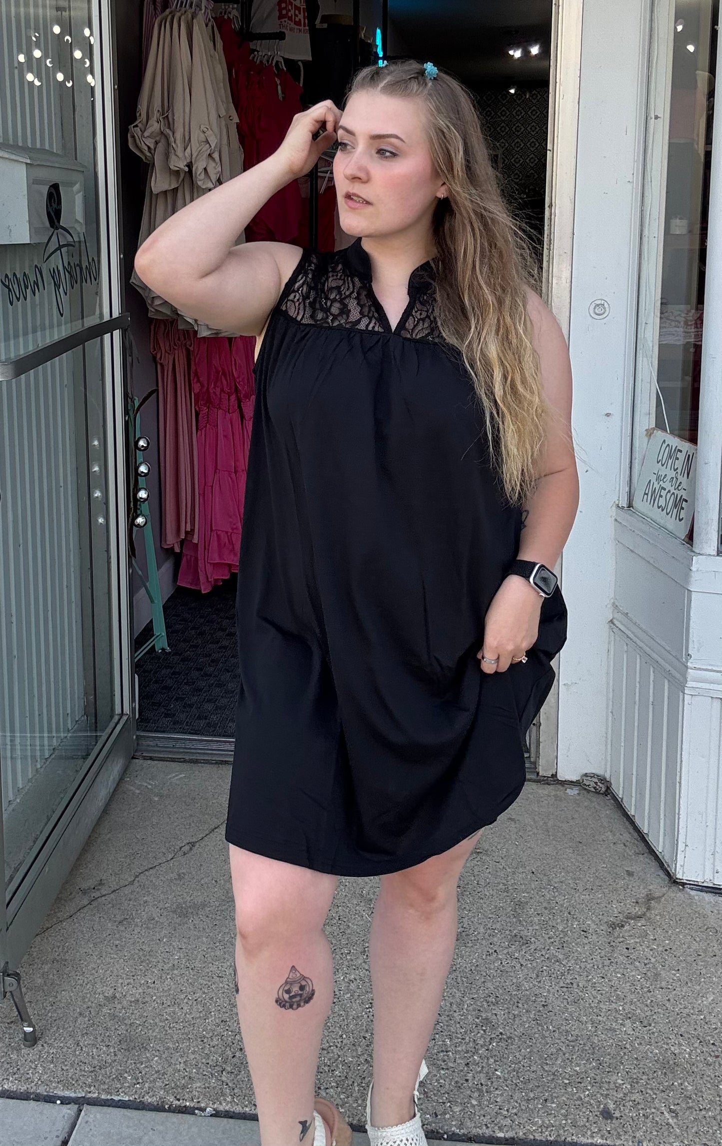 Sleeveless Black Dress with Lace Yoke and Stand Collar