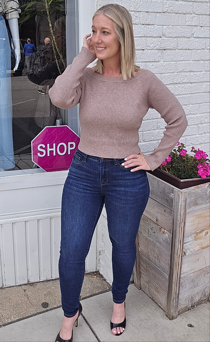 Off The Shoulder Long Sleeve Ribbed Knit Top