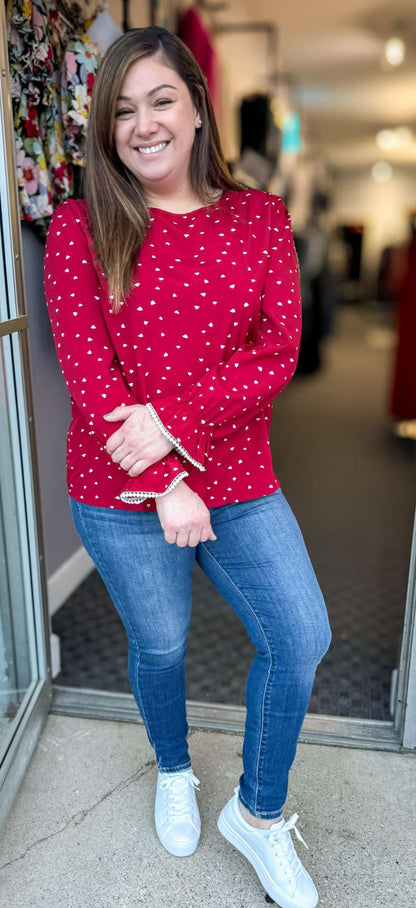 Long Sleeve Heart Blouse Crochet Trim