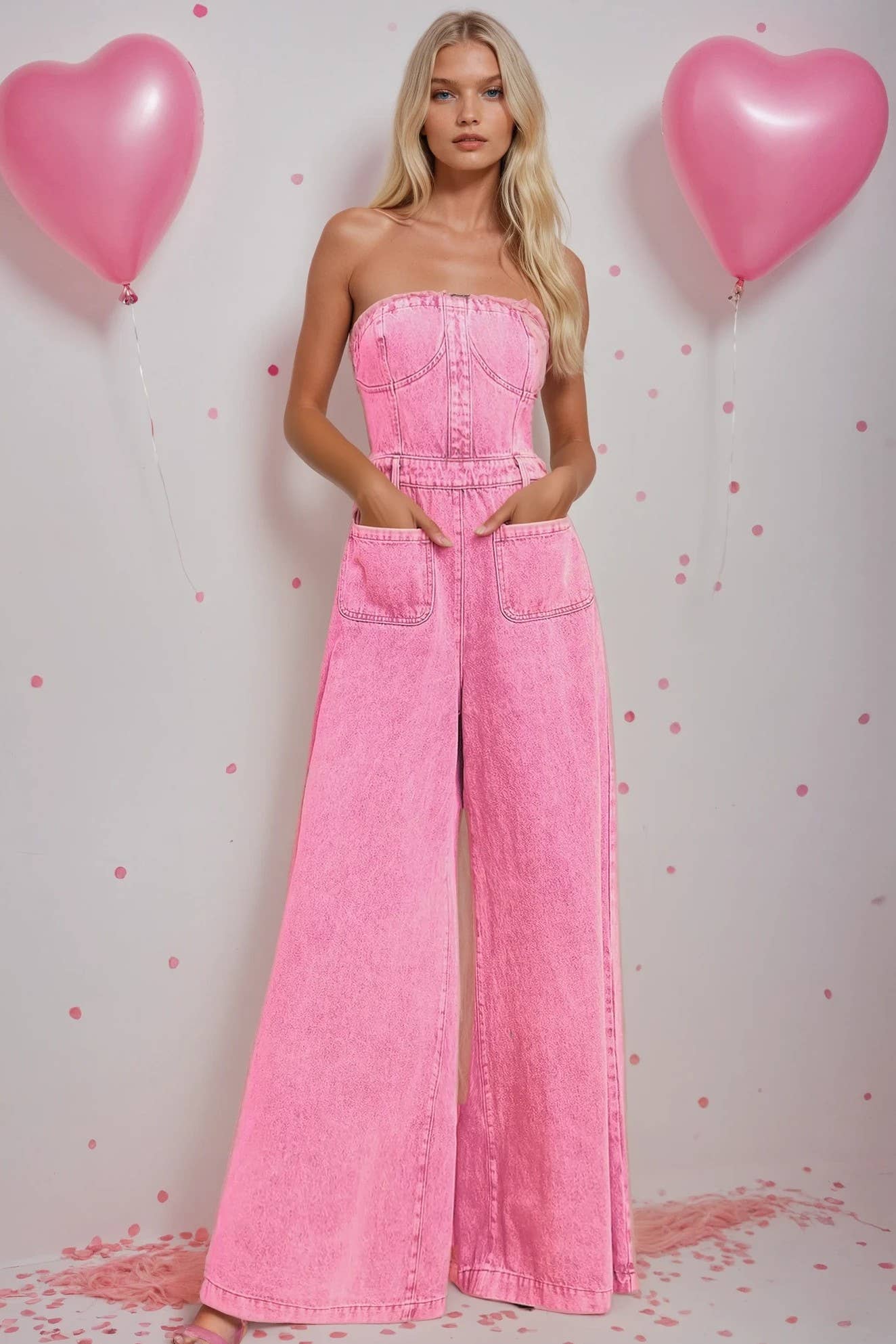 Boho Wide Leg Strapless Denim Jumpsuit