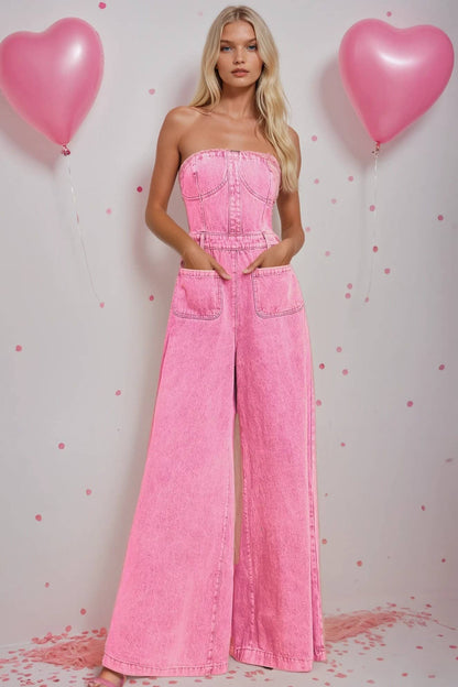 Boho Wide Leg Strapless Denim Jumpsuit