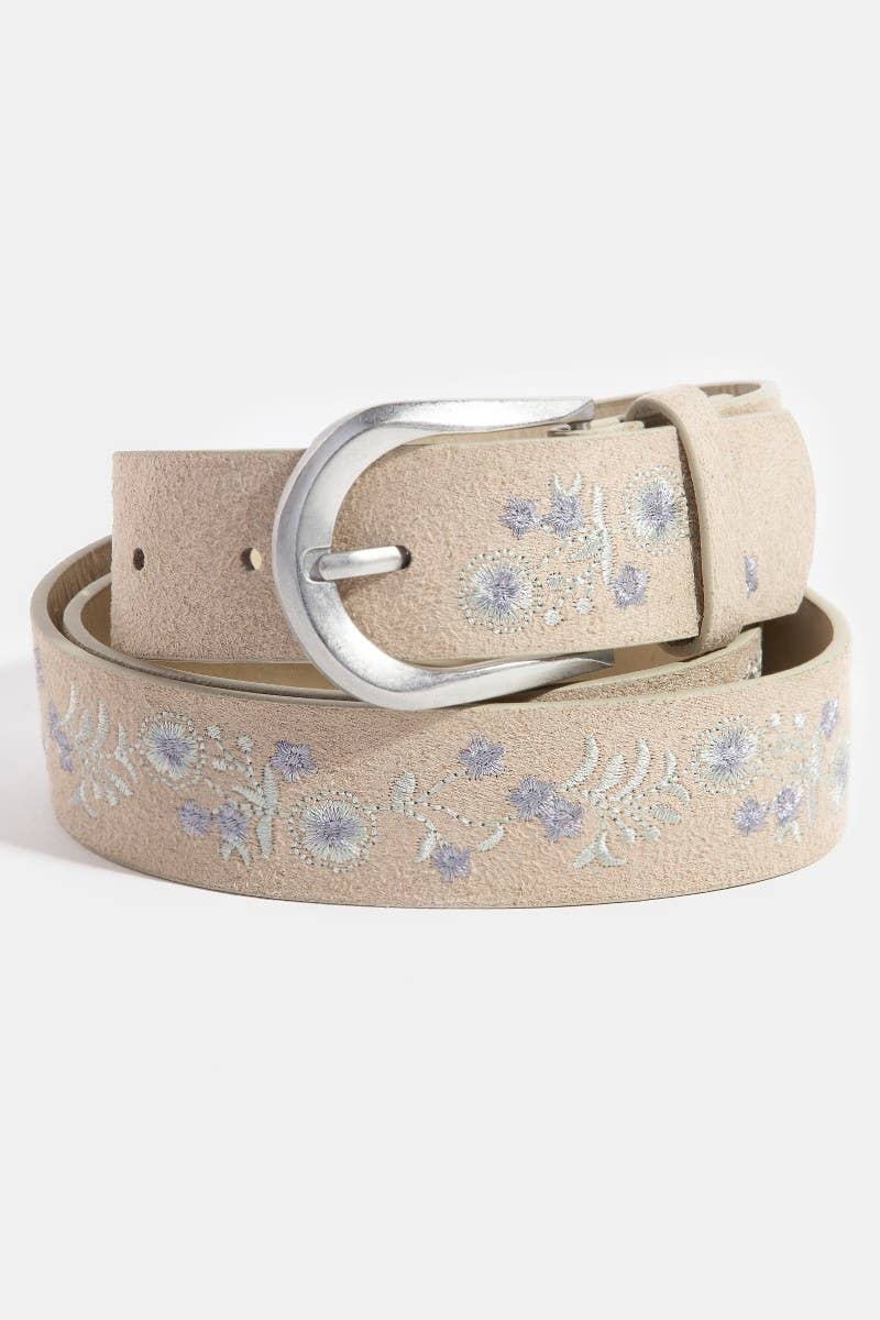 Soft Floral Embroidered Vegan Leather Belt