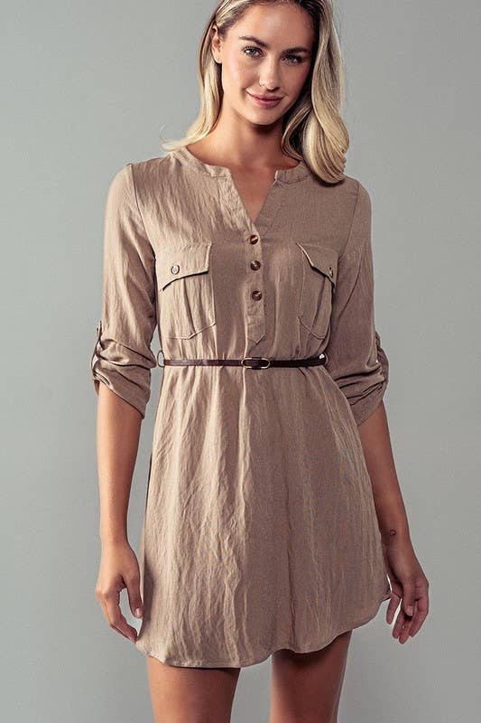 Utility Pocket Belted Henley Mini Dress