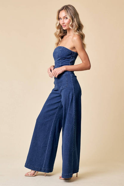 Off Shoulder Wide Leg Denim Jumpsuit