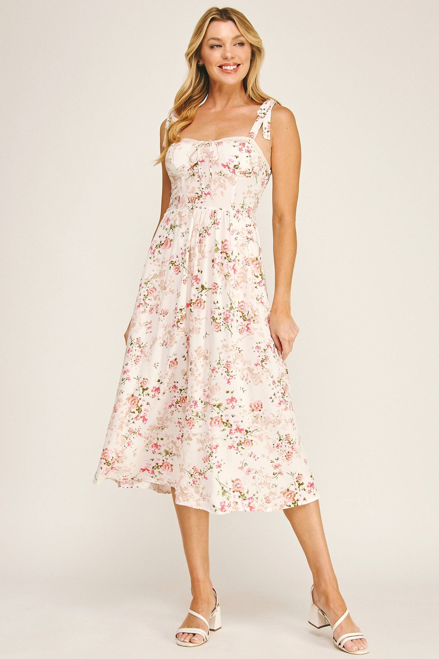 Romantic Floral Tie Midi Dress