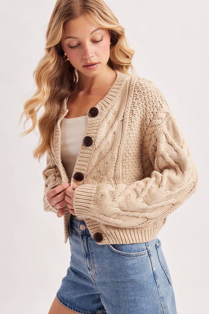 Cropped Button Cable Knit Sweater Cardigan