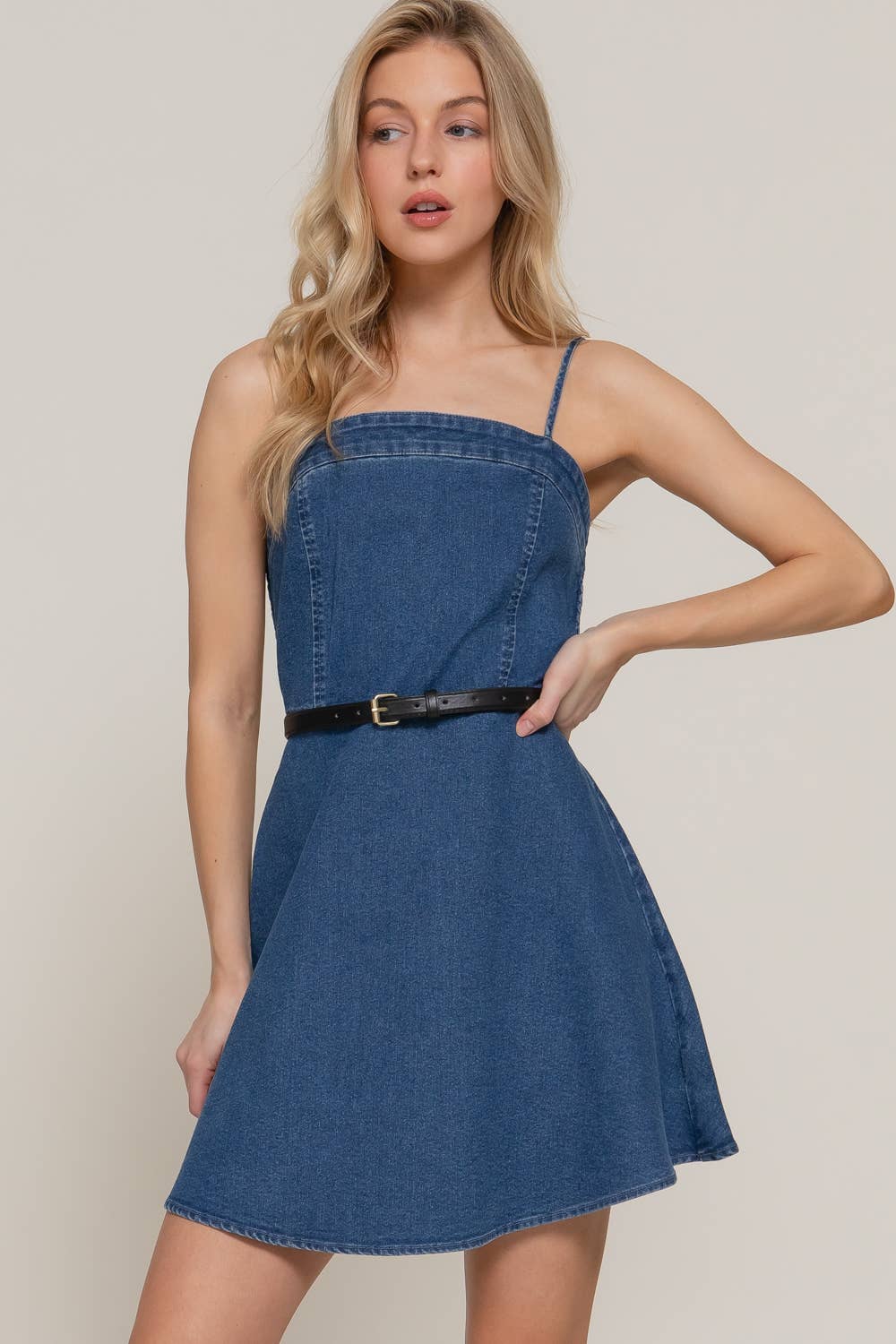 Stretchy Belted A-line Denim Dress