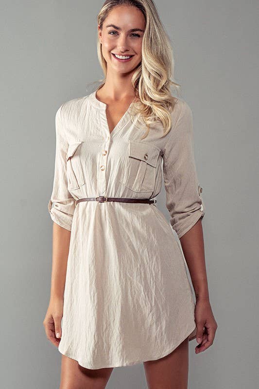 Utility Pocket Belted Henley Mini Dress