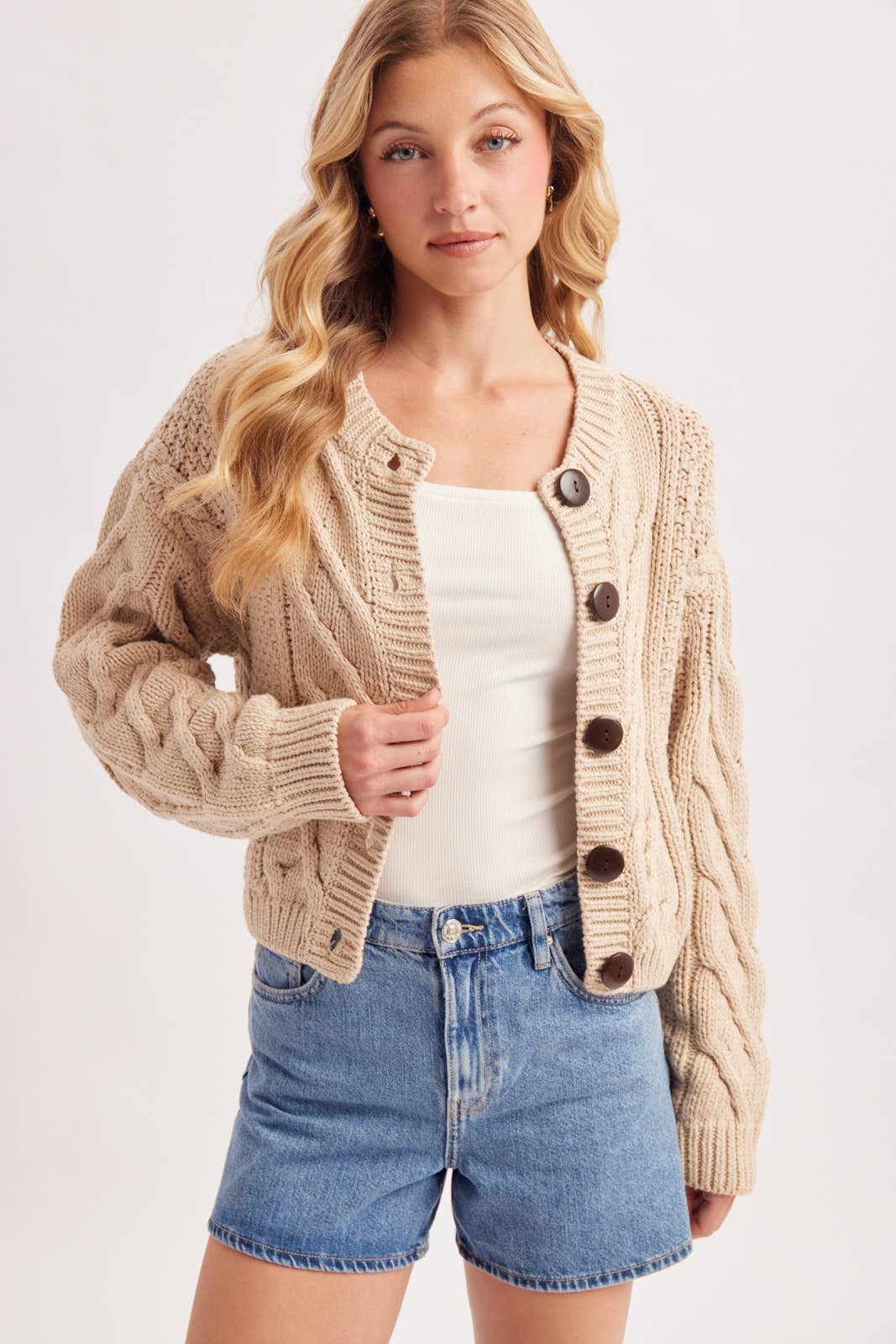 Cropped Button Cable Knit Sweater Cardigan