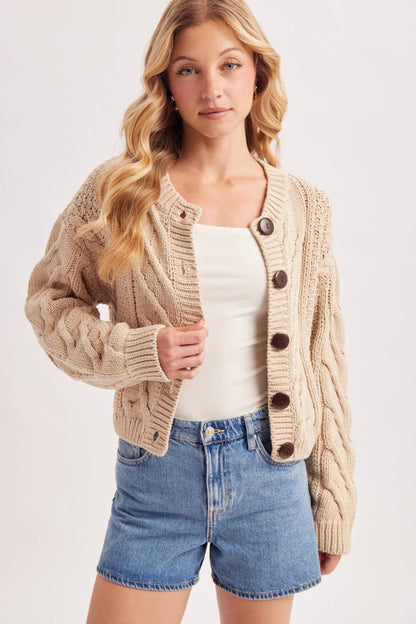 Cropped Button Cable Knit Sweater Cardigan