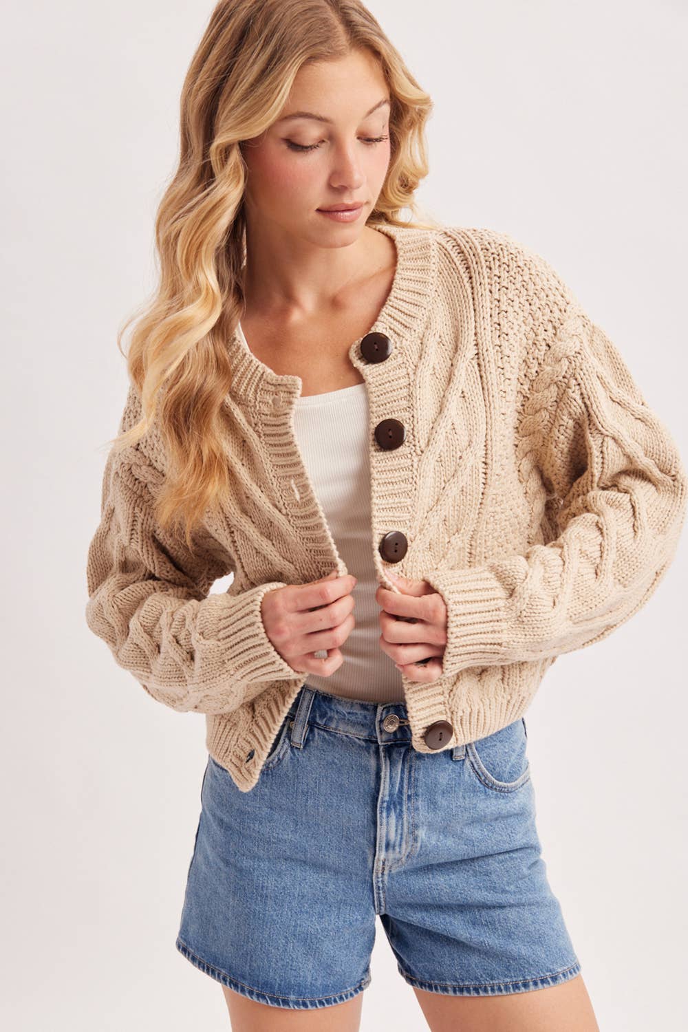 Cropped Button Cable Knit Sweater Cardigan