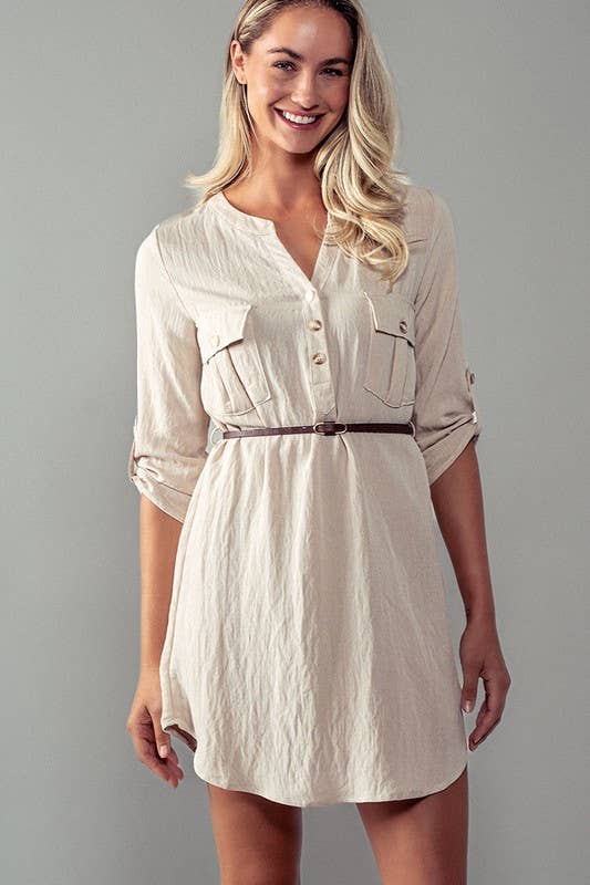Utility Pocket Belted Henley Mini Dress