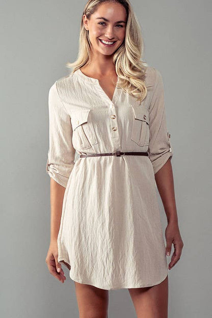 Utility Pocket Belted Henley Mini Dress