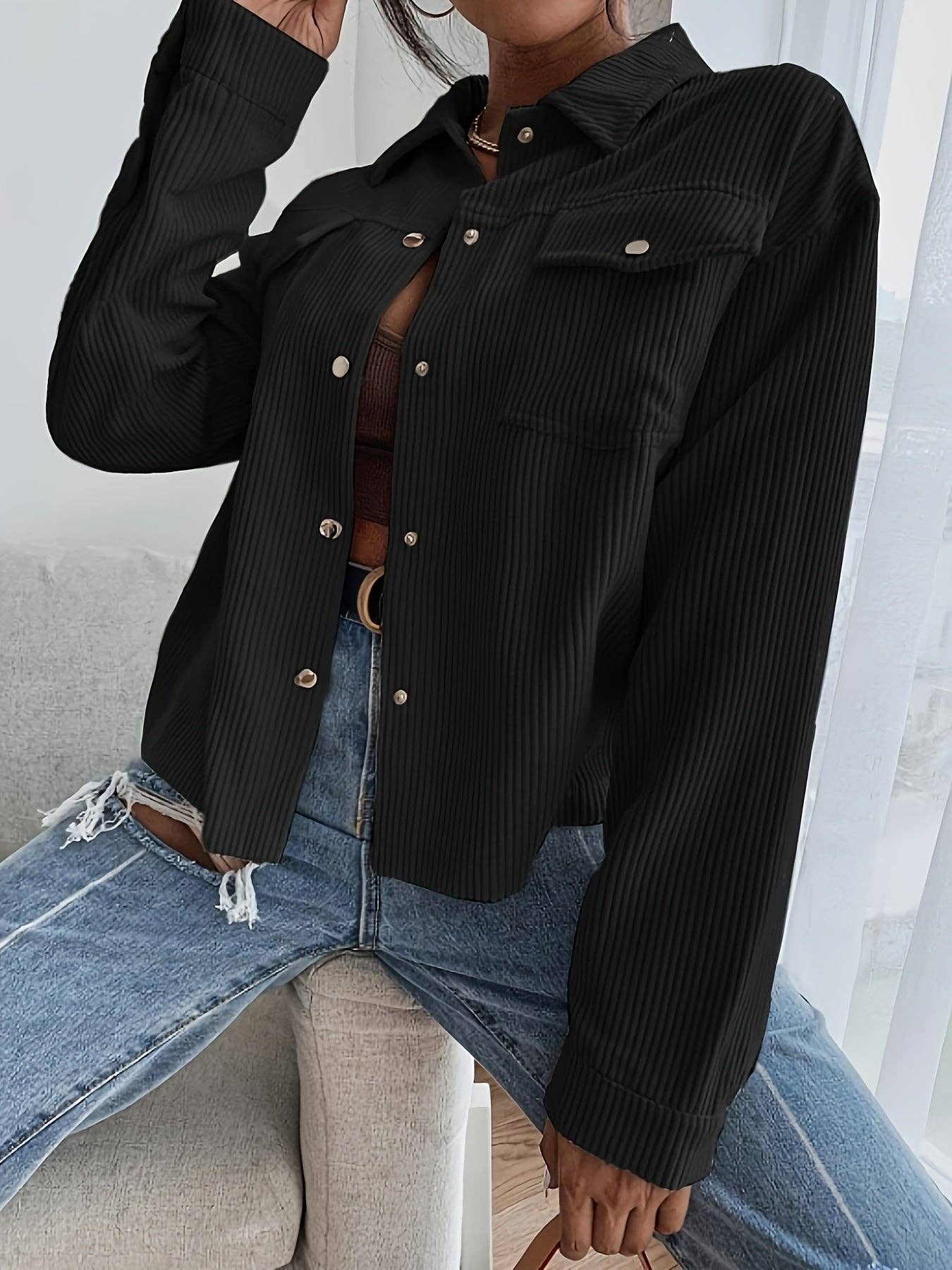 Stylish Corduroy Long Sleeve Button Front Shacket