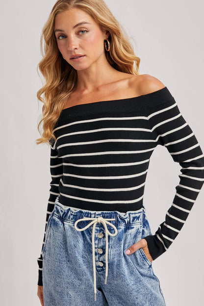 Stripe Off The Shoulder Long Sleeve Top