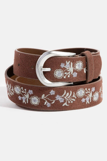 Soft Floral Embroidered Vegan Leather Belt
