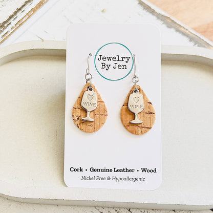 Small Teardrop Earrings: Cork w/Wine Charm