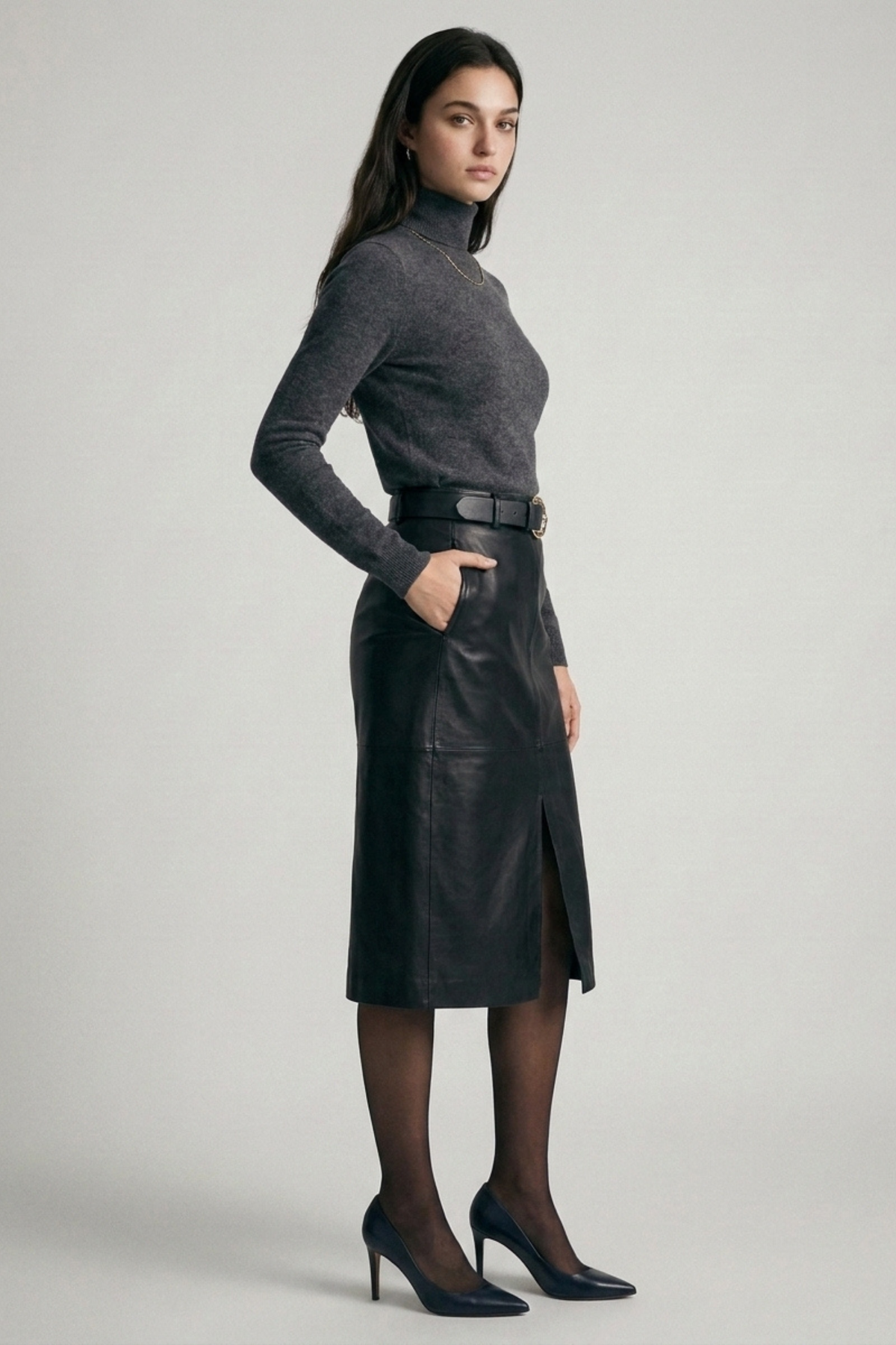 Midi Leather Skirt w/ Leather Belt