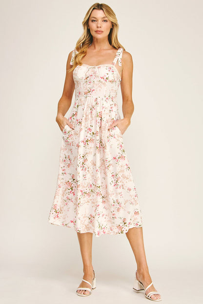 Romantic Floral Tie Midi Dress