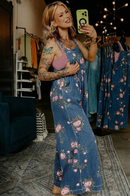 Floral Print Wide Leg Denim Jumpsuit